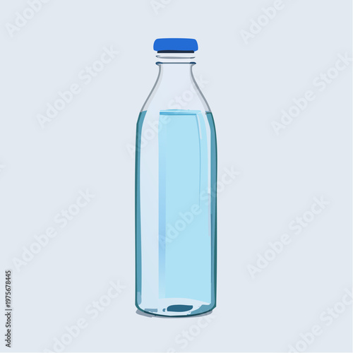 Transparent glass bottle filled with cold mineral water stands on a crisp white background for product display.