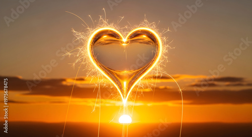 Glowing heart shape sparks fly at beautiful sunset over horizon