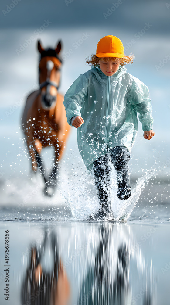 Fototapeta premium Child wearing yellow cap and raincoat joyfully runs through water splashes with horse galloping behind on cloudy day