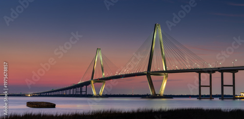 panorama sunset view of the Ravenel Bridge across the Cooper River in Charleston