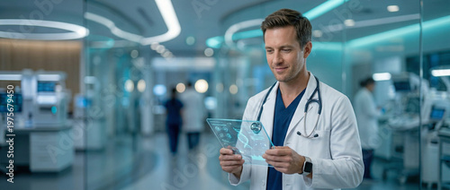 Smiling doctor using futuristic transparent digital tablet with DNA hologram in high-tech medical laboratory.