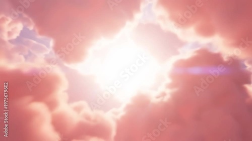 Bright sun glowing through soft pink clouds in a dreamy sky, creating a radiant abstract background for hope, inspiration, sunrise concepts, meditation, and serene atmospheric visuals