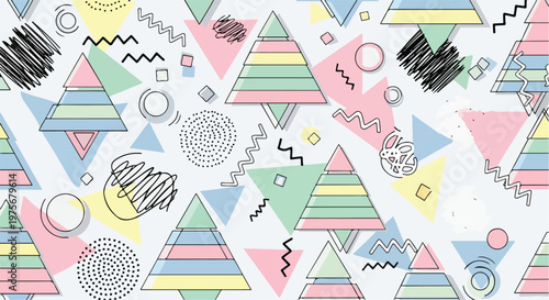 Abstract Memphis style Christmas tree pattern with pastel colors and geometric shapes