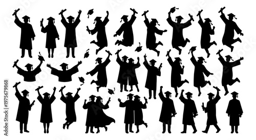 Graduation silhouette collection of students in gowns, jumping graduates with diplomas and mortarboards, academic ceremony celebration vector set