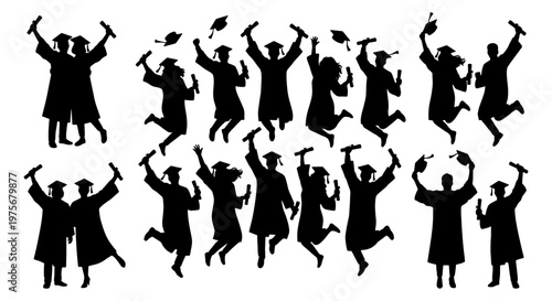 Graduation silhouette collection of jumping students, 16 vector elements of graduates in gowns and caps, celebratory university commencement set