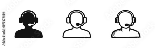 Customer service operator icons with headset. Set of help desk support agent symbols in different styles.