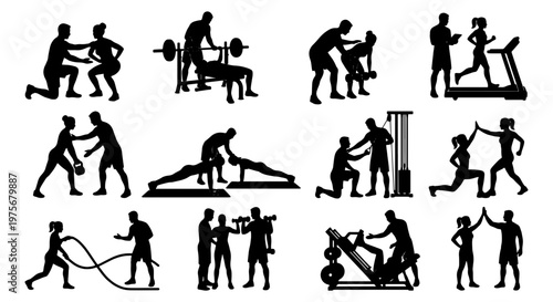Fitness personal trainer silhouettes, gym workout with coach vector set, people exercising with instructor, weightlifting and cardio training icons
