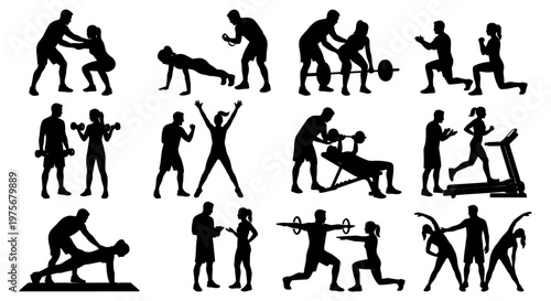 Fitness personal trainer silhouettes set, gym workout with coach vector icons, men and women exercising with instructor, bodybuilding and cardio training