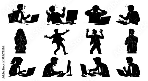 Stressed office worker silhouettes, frustrated people using computers and laptops, 12 vector elements showing burnout and work pressure