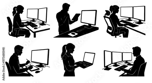 Office worker silhouettes set, business people working at computer desks vector, professional employees using laptops and multiple monitors