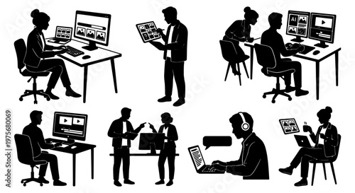 Professional office silhouettes set, business people working on computers and laptops, corporate employees in modern workspace vector collection