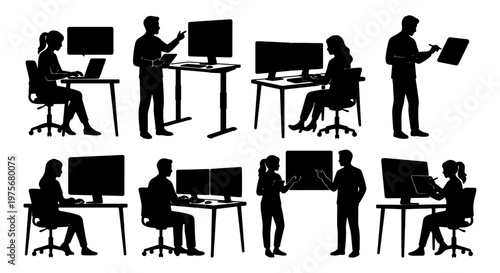 Professional office worker silhouettes set, business people working at desks with computers, corporate employees in various poses, 8 vector elements