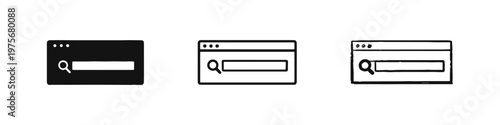 Search bar or web browser window icons. Set of internet search symbols in solid, outline, and hand-drawn styles.