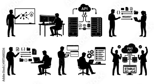 Software developer silhouette icons, API integration and cloud server management set, programmers working on backend infrastructure and database systems