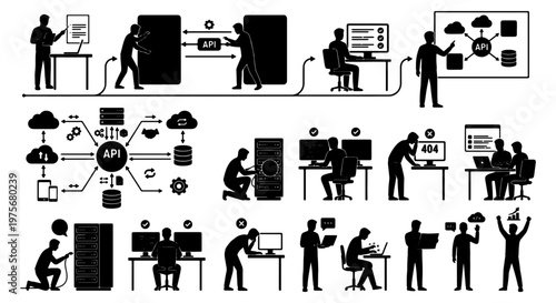 API development and software engineering icons, programmer silhouette set working on cloud computing, server maintenance and coding vector