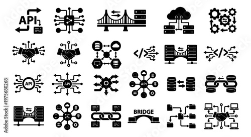 API integration and data bridge icon set, 20 black solid vector elements, software development and cloud computing network symbols