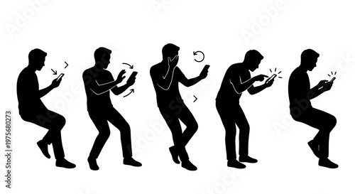 Smartphone addiction silhouette set, men using mobile phones in various poses, black vector figures of people distracted by technology and social media