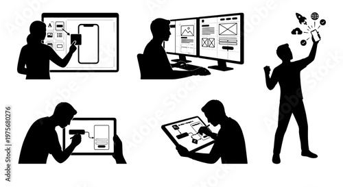 UX UI designer silhouettes set, mobile app developer working on wireframes and interface design, web development process vector icons