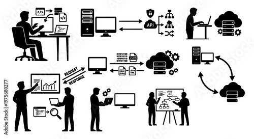 Software development and cloud computing icons set, black silhouette programmer and IT infrastructure vector, data processing and API integration elements