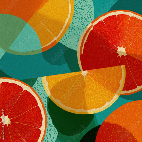 Geometric Citrus Pattern with Symmetrical Oranges