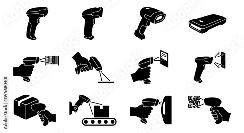 Barcode scanner icon set, 12 black vector silhouettes of handheld laser readers, retail and warehouse inventory scanning equipment