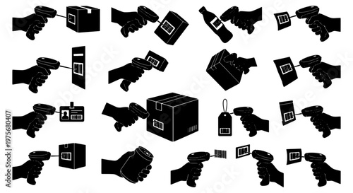 Barcode scanner icon set, hand holding laser scanning device for retail and logistics, black silhouette vector collection of 16 warehouse icons