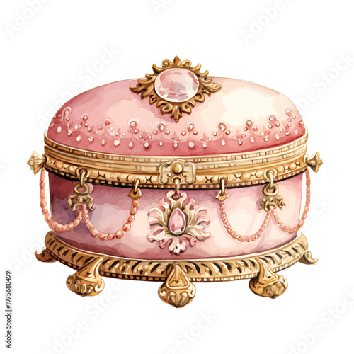 Ornate Pink Vintage Jewelry Box Illustration with Gold Filigree and Pearls