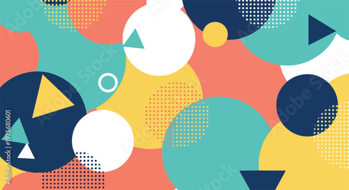 Abstract Memphis Style Geometric Pattern Background with Circles and Triangles in Teal, Yellow, and Coral