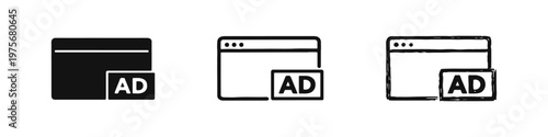 Web browser advertising icons. Set of website ad symbols in solid, outline, and hand-drawn artistic styles.