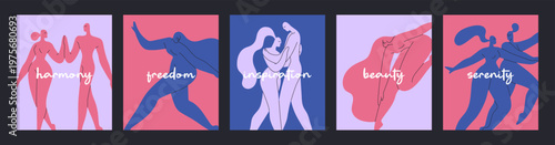 Set of Matisse art greeting cards designs. Postcards for Valentine Day with abstract silhouettes of dancing romantic couples, people in love in different poses on layouts. Flat vector illustrations