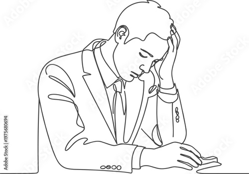 Man in suit holding head in despair continuous line drawing business stress concept