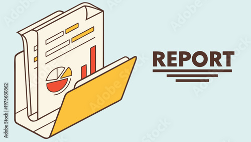 Vector illustration of report folder with charts and documents. Business analytics, financial report, office paperwork, accounting data, management presentation, and documentation concept.