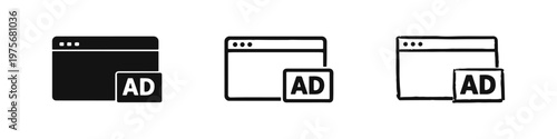 Digital advertising icons for browser window. Set of web ad symbols in multiple design variations.