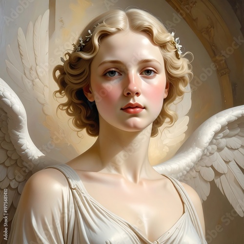 A serene female angel with curly blonde hair and white wings