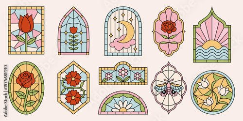 Set of stained-glass cathedral windows with floral ornaments. Abstract mediaeval borders with rose flowers, tulips, butterfly engraving. Geometric illustrations in outline frames. Vector graphic
