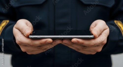 Close-up of police officer hands holding and operating a tablet device indoors