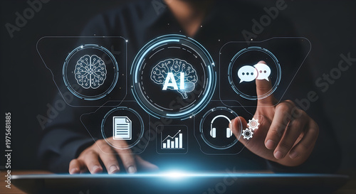 Man interacting with futuristic AI interface on tablet at night