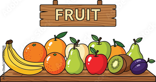 Title colorful fruit display on a wooden surface description an illustration showcasing a variety of fresh fruits including bananas oranges pears and