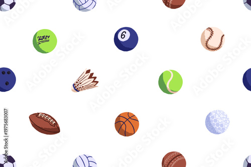 Repeatable pattern of balls for different games. Endless background of sports equipment for baseball, basketball, American football, soccer, volleyball, big tennis. Flat seamless vector illustration