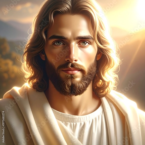 A serene portrait of a bearded man with long hair