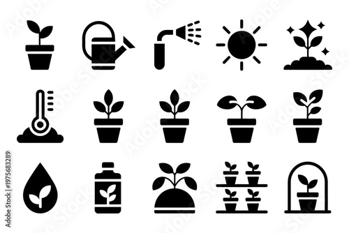 Vector icon set featuring gardening tools and plants for growing and caring
