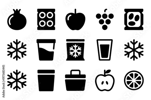 Collection of vector icons representing different types of food and cold storage items.