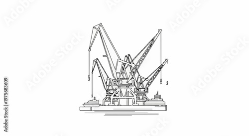 Detailed line drawing of industrial port cranes for loading and unloading cargo