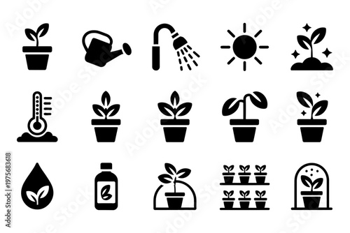 Vector depicting various gardening and plant care icons.