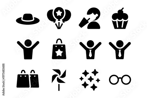 Vector set of black icons featuring a variety of fun and celebratory symbols.