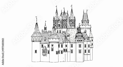 Detailed pen-and-ink sketch of an elaborate, multi-towered medieval castle