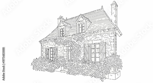 Detailed sketch of a charming stone cottage overgrown with lush foliage