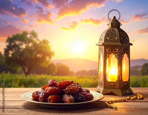 A serene outdoor setting with a plate of dates and a lantern at sunset