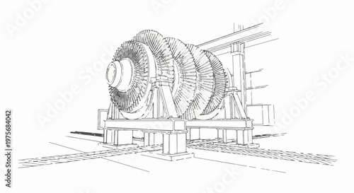 Detailed sketch of a large industrial turbine with multiple rotor stages