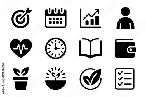 Collection of vector icons representing goals, time management, and personal finance